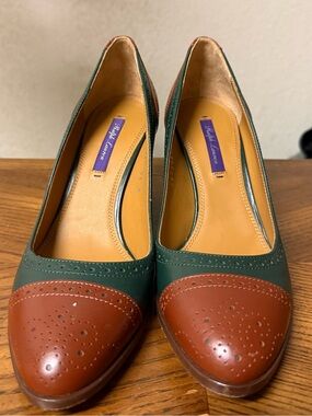 Ralph Lauren Collection Ellair Two-Tone Leather Wingtip Brogue Pumps Heels